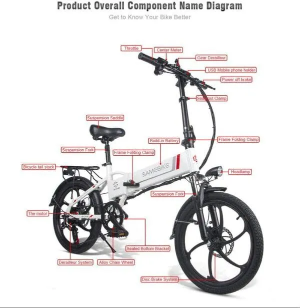 SameBike White 20LVXD30-II Folding Electric Bike Bicycle for Adults 48V