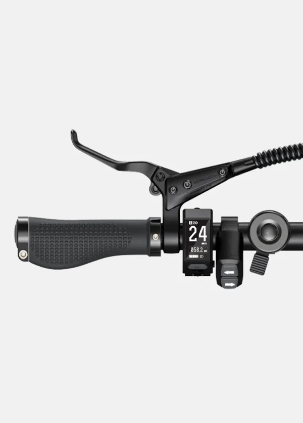 handlebar featuring an ergonomic grip, brake lever, and digital display.