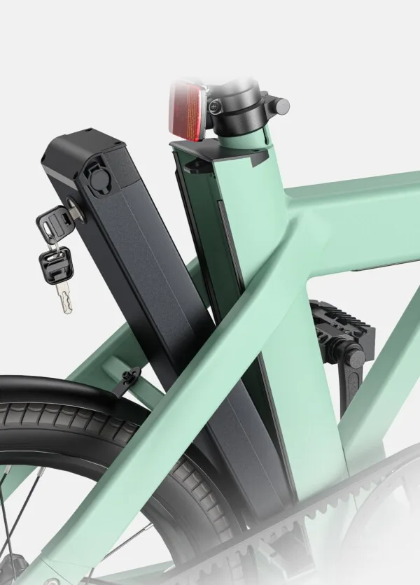 Engwe P20 Electric Bicycle removable battery with key lock security feature.
