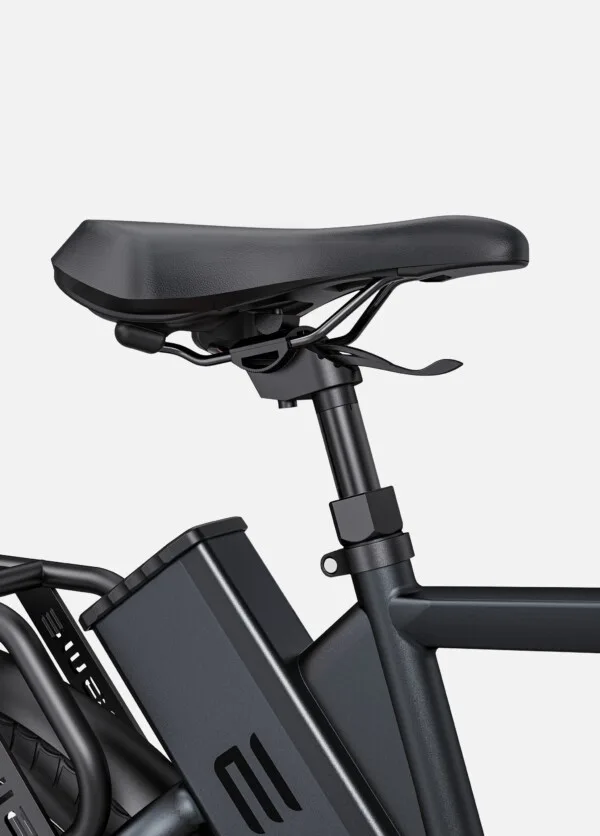 Close-up of ENGWE electric bike's adjustable saddle and battery frame Black