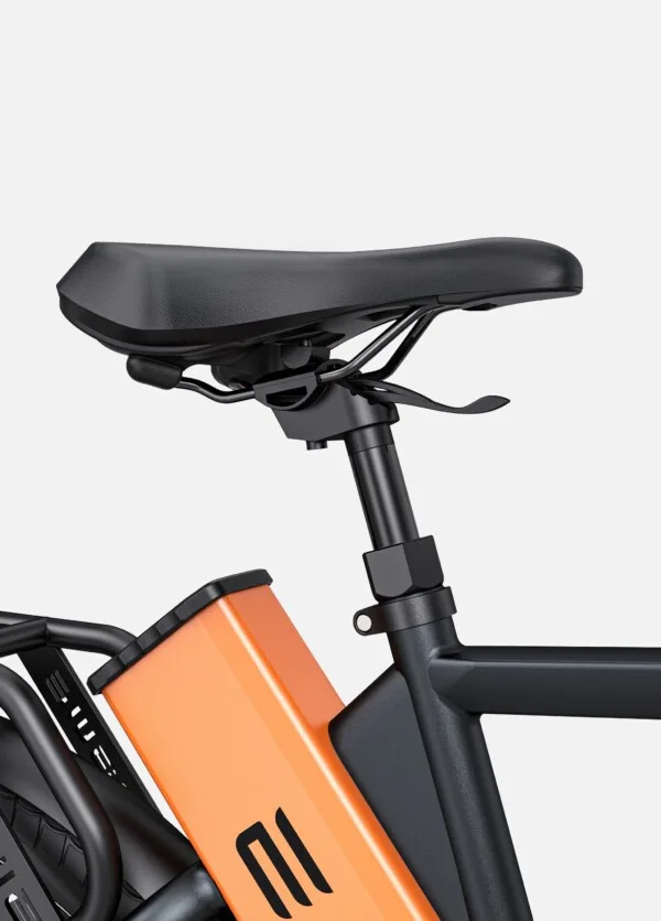 Close-up of ENGWE electric bike's adjustable saddle and battery frame Black And orange