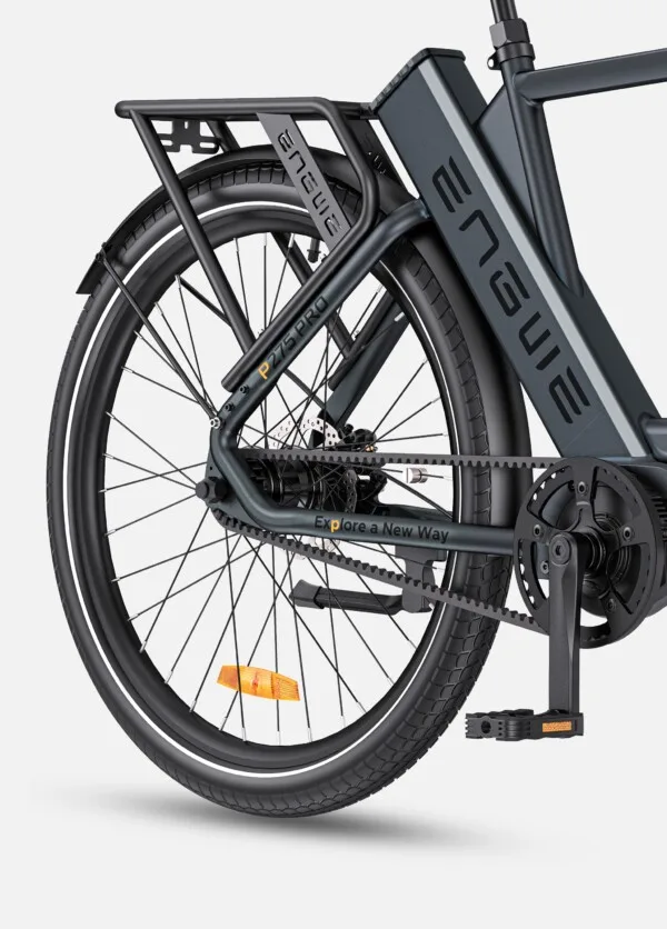 Close-up of ENGWE electric bike's rear wheel and drivetrain Black